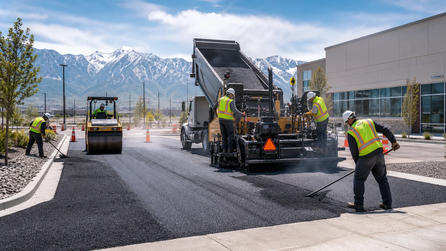 Asphalt Paving crew working in a controlled Alpine, Utah pavement area