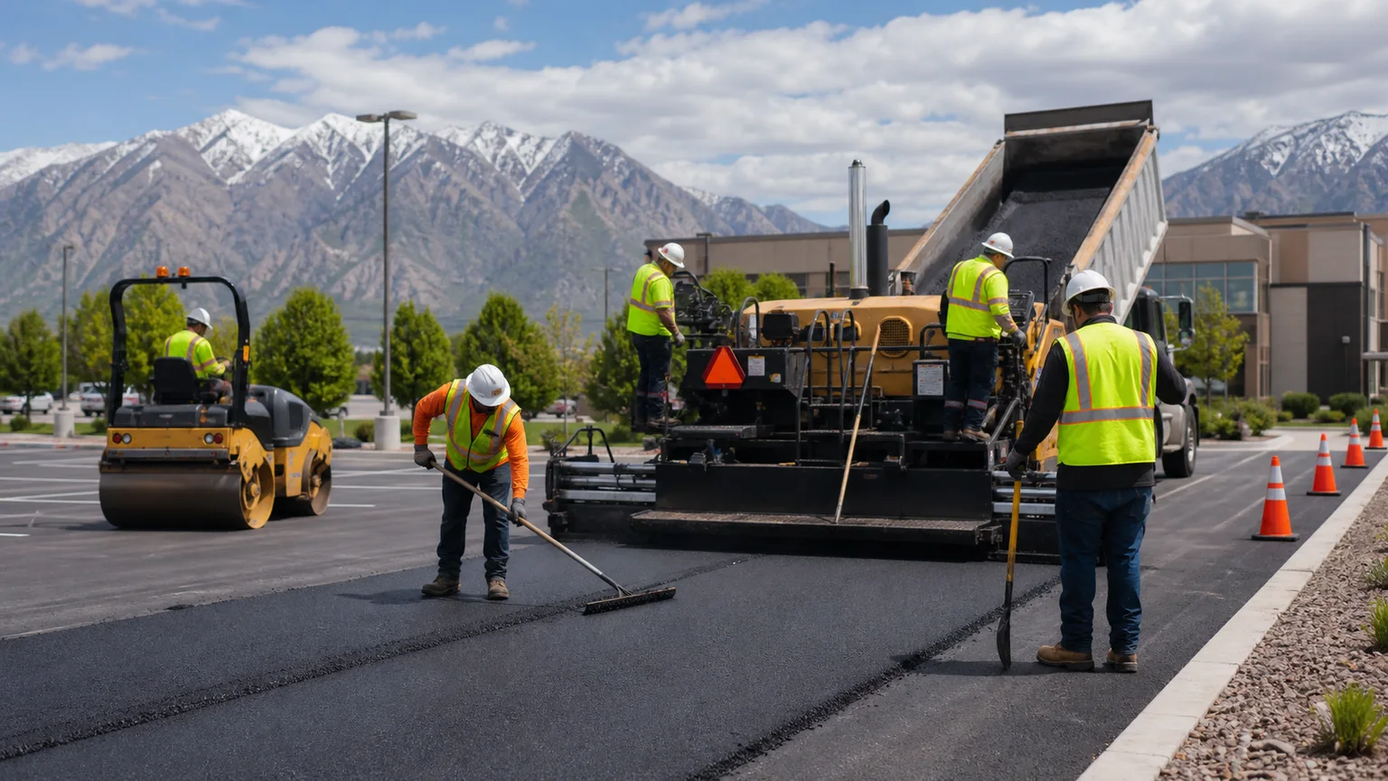 Asphalt Paving crew working in a controlled American Fork, Utah pavement area