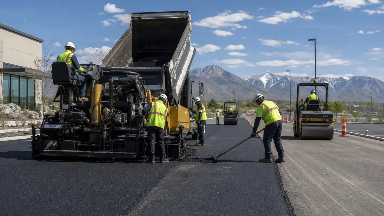 Asphalt Paving crew working in a controlled Bluffdale, Utah pavement area