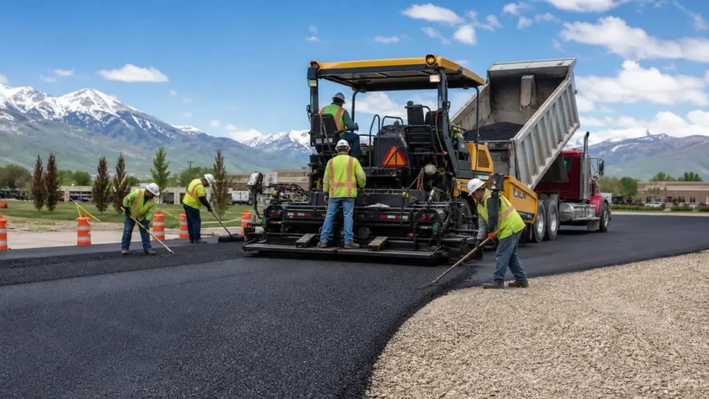 Asphalt Paving crew working in a controlled Cedar Fort, Utah pavement area