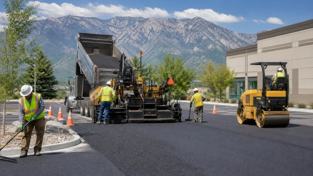 Asphalt Paving crew working in a controlled Cedar Hills, Utah pavement area