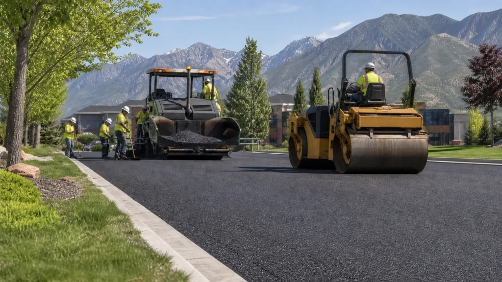Asphalt paving crew working on a Utah property in Draper
