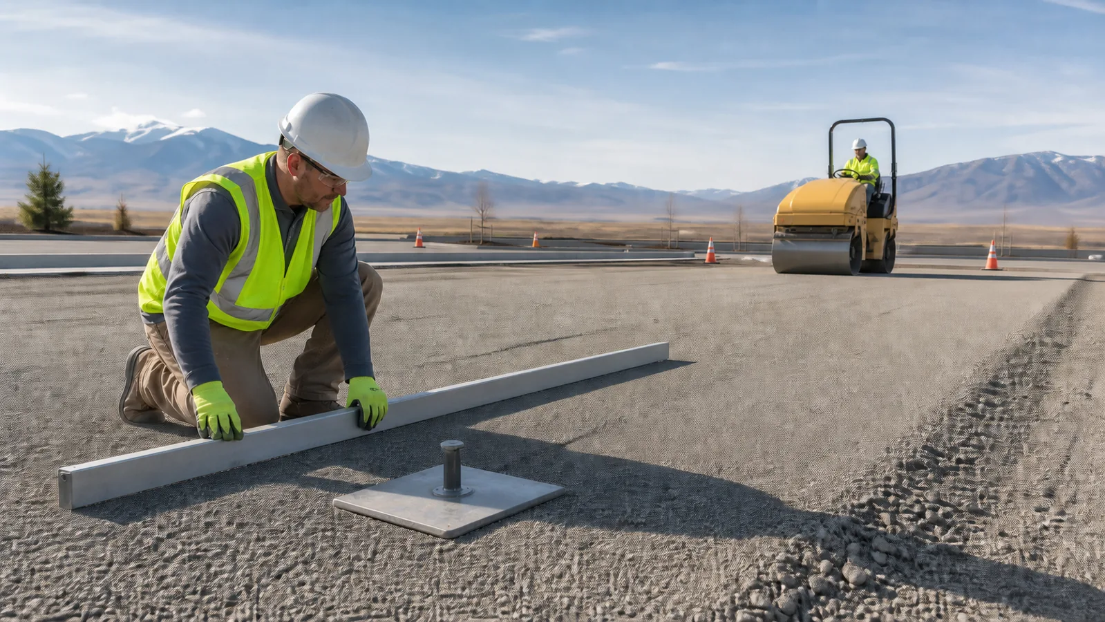 Technician checking compacted road base before paving in Eagle Mountain, Utah