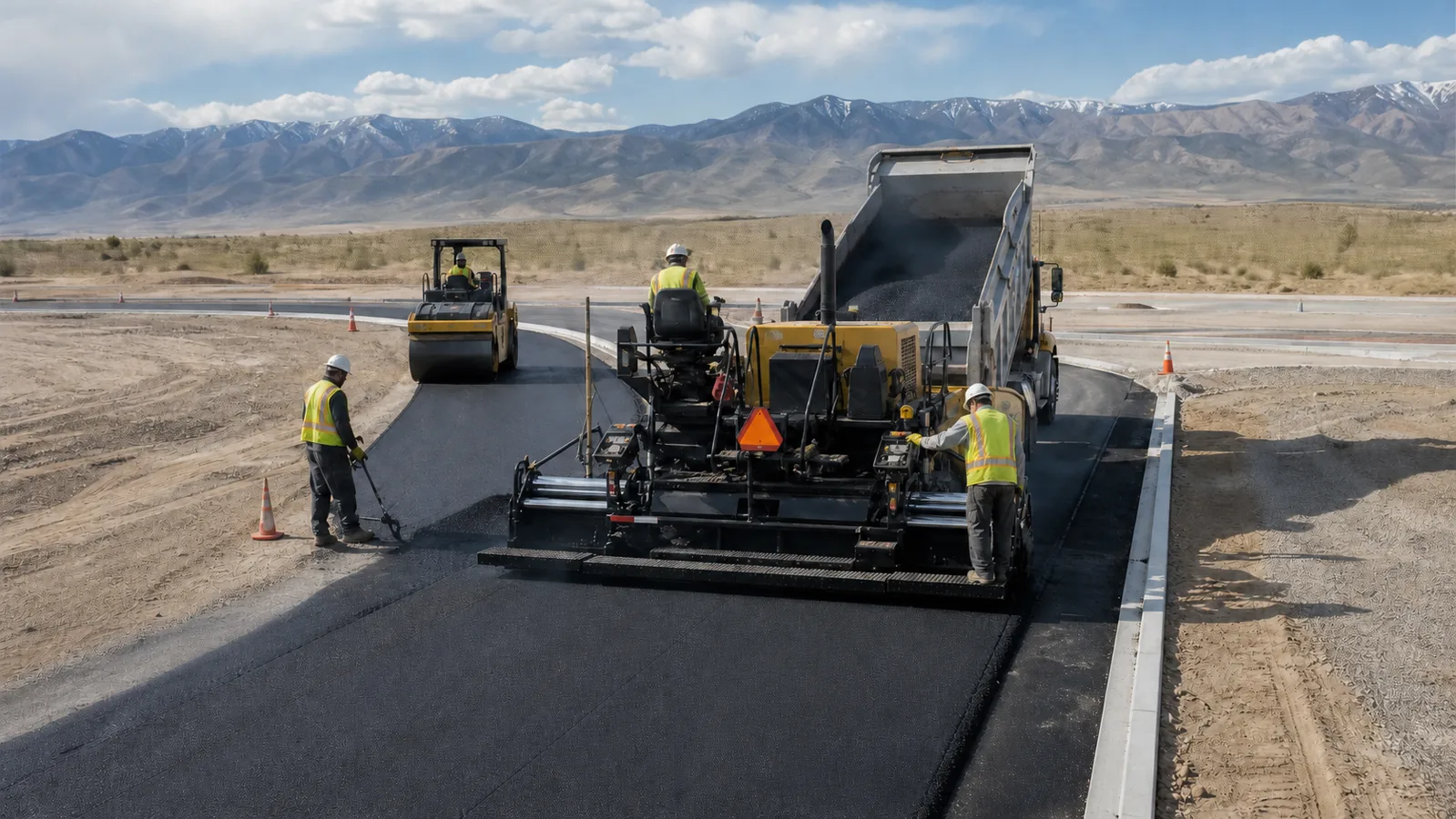 Crew placing and compacting asphalt in Eagle Mountain, Utah