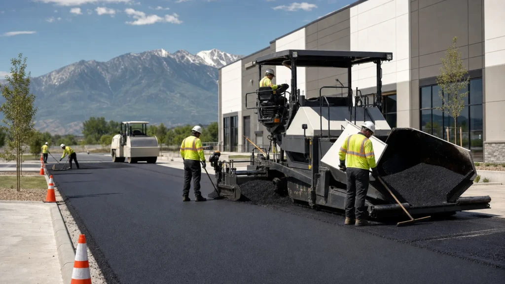 Asphalt Paving crew working in a controlled Elk Ridge, Utah pavement area