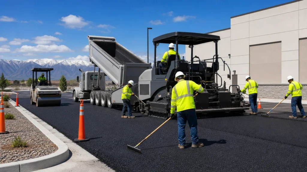 Asphalt Paving crew working in a controlled Genola, Utah pavement area