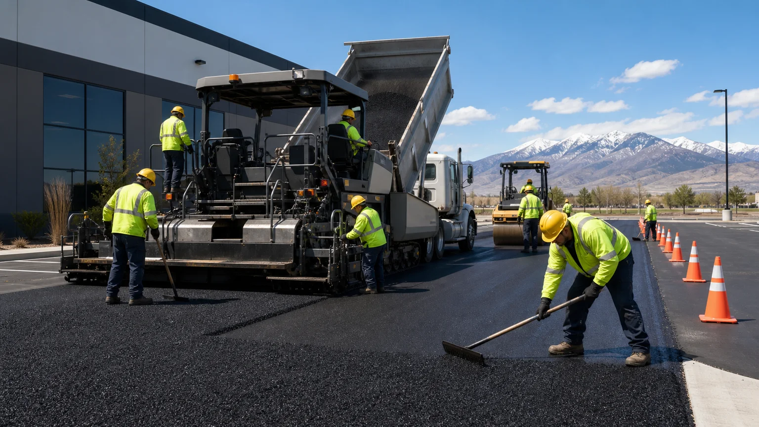 Asphalt Paving crew working in a controlled Goshen, Utah pavement area