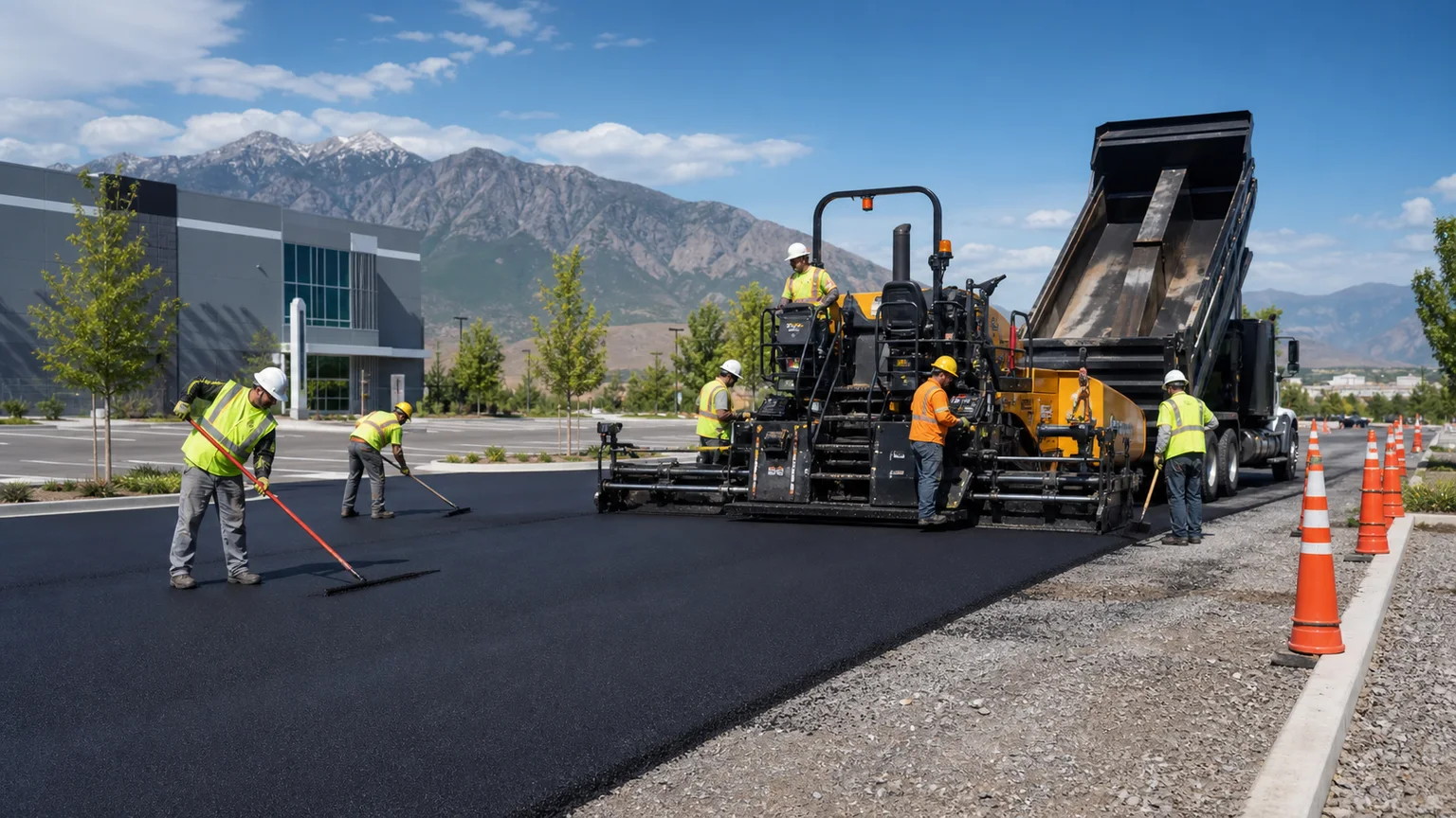 Asphalt Paving crew working in a controlled Herriman, Utah pavement area