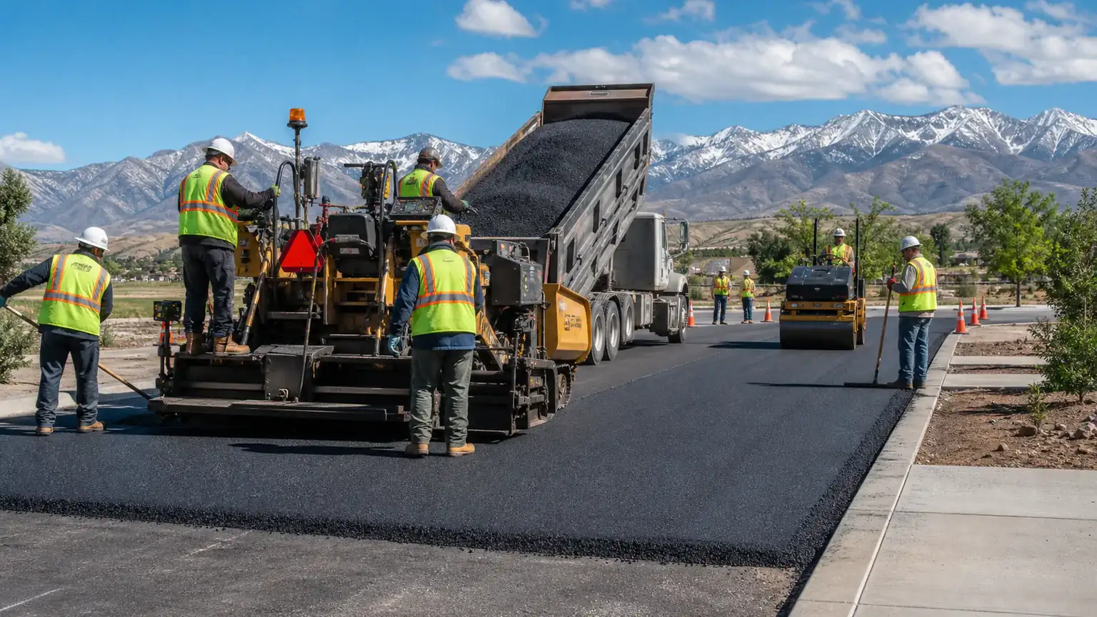Asphalt Paving crew working in a controlled Highland, Utah pavement area