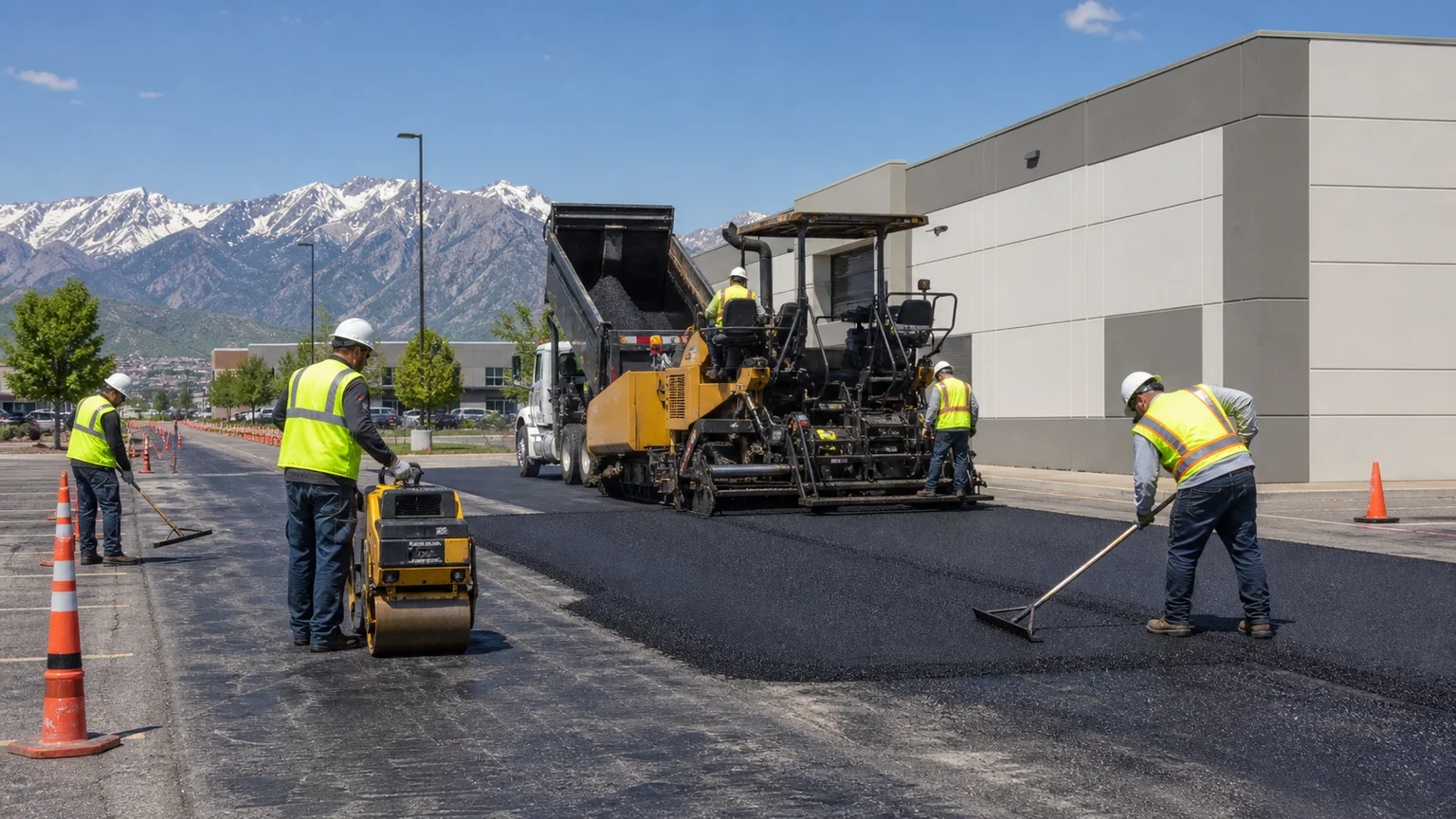 Asphalt Paving crew working in a controlled Kearns, Utah pavement area