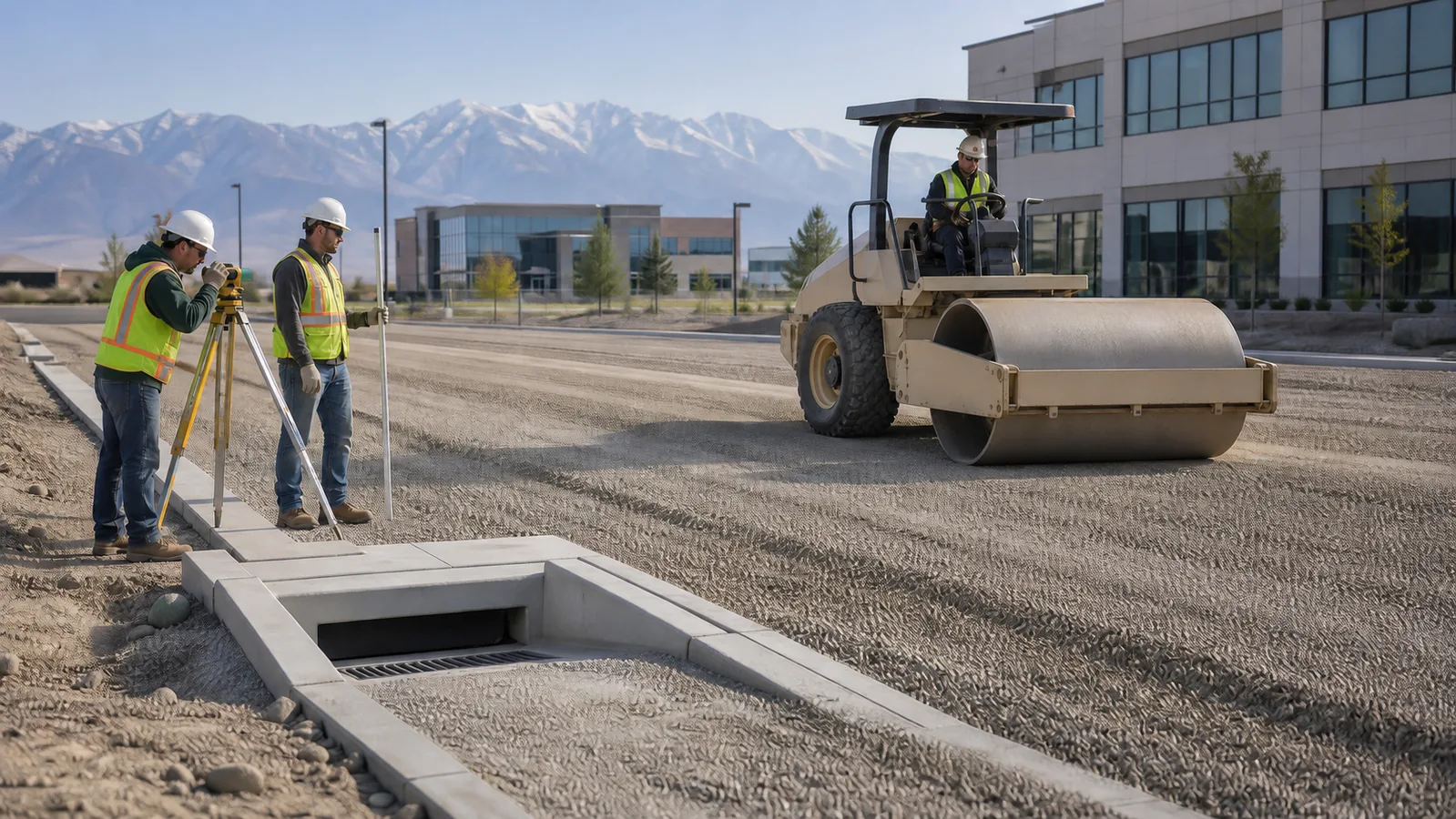 Technicians checking aggregate base and drainage grade before paving in Lehi Utah