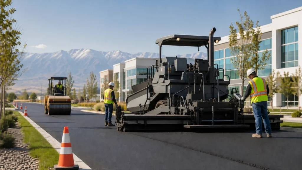 Paving crew placing and rolling asphalt at a controlled Lehi Utah office property