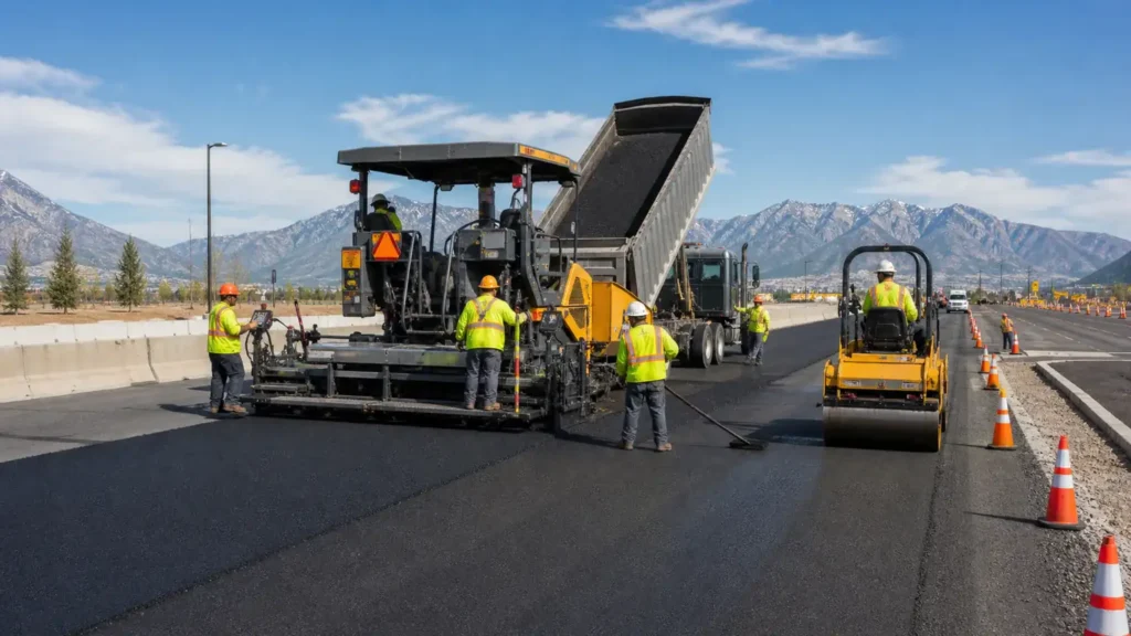 Asphalt Paving crew working in a controlled Lindon, Utah pavement area