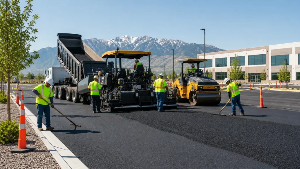 Asphalt Paving crew working in a controlled Magna, Utah pavement area