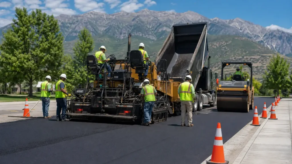 Asphalt Paving crew working in a controlled Mapleton, Utah pavement area