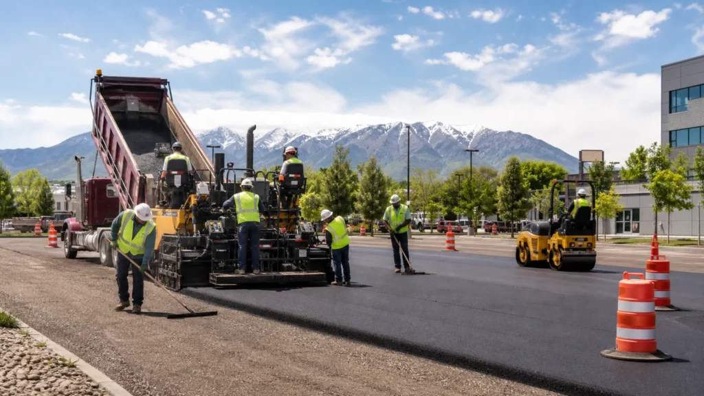 Asphalt Paving crew working in a controlled Midvale, Utah pavement area