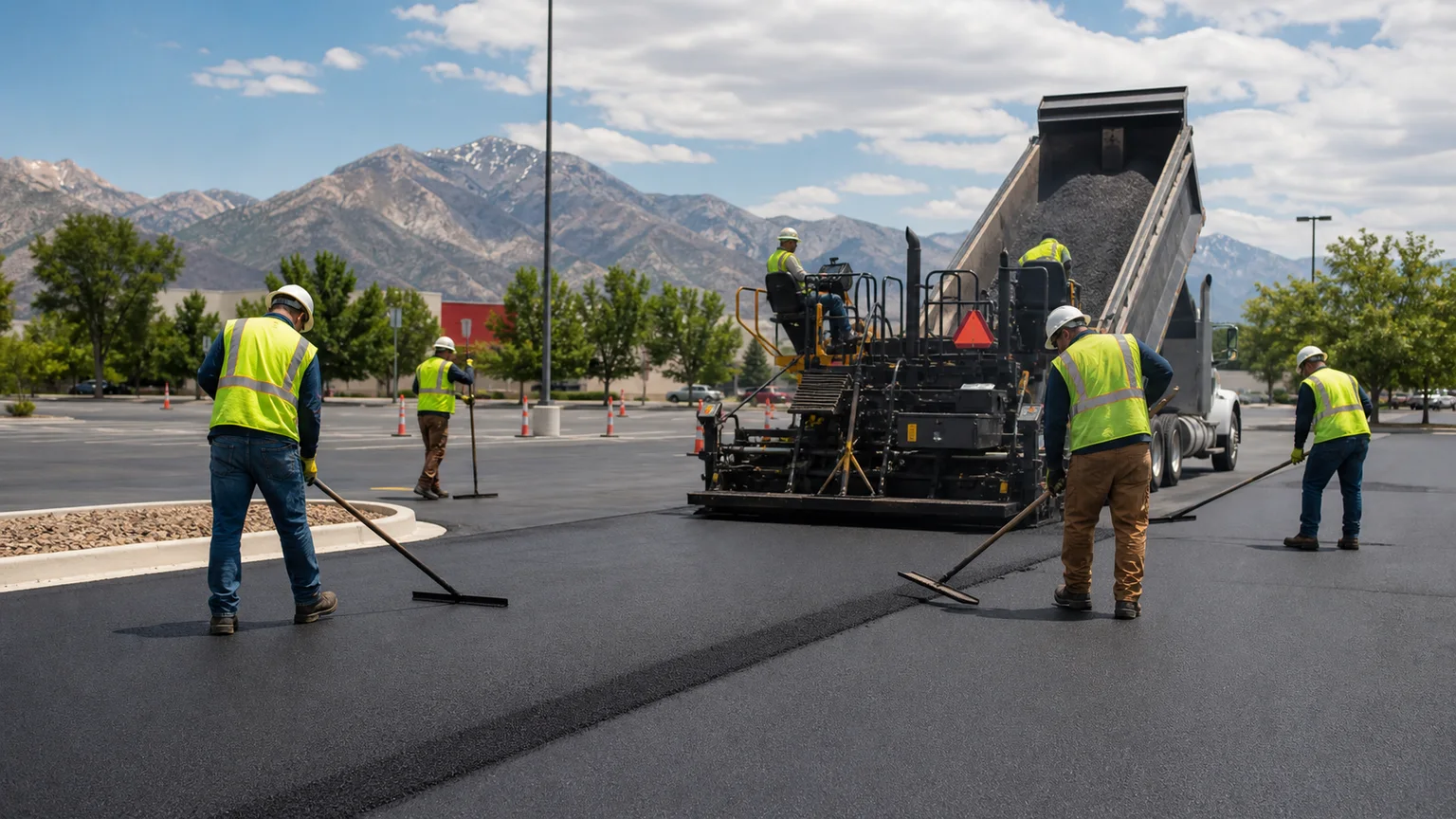 Asphalt Paving crew working in a controlled Murray, Utah pavement area