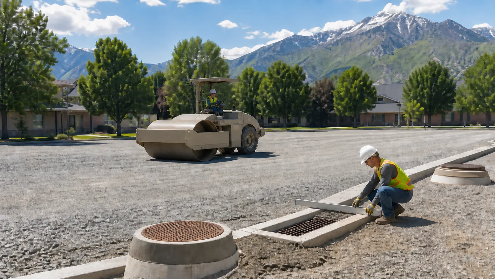 Technician checking curb inlet grade beside compacted aggregate base in Orem Utah