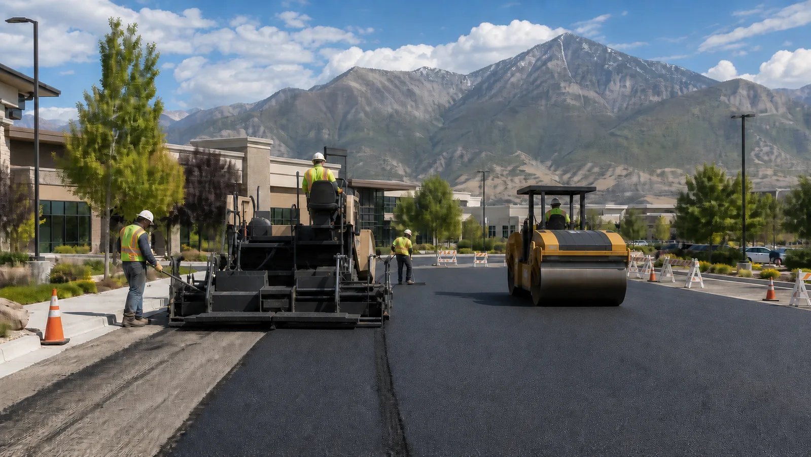 Crew placing and rolling asphalt in a controlled Orem Utah retail parking lot