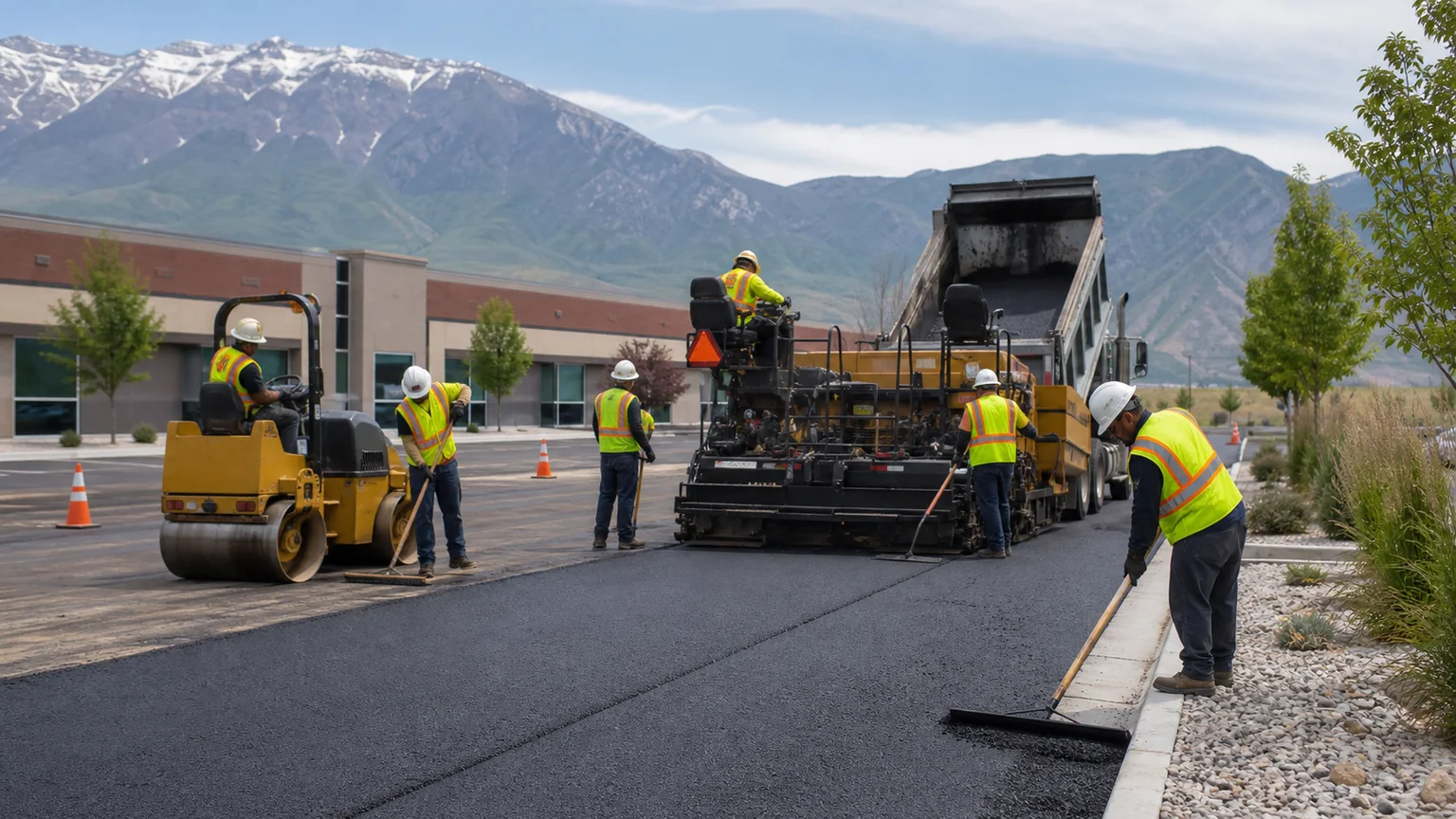 Asphalt Paving crew working in a controlled Payson, Utah pavement area