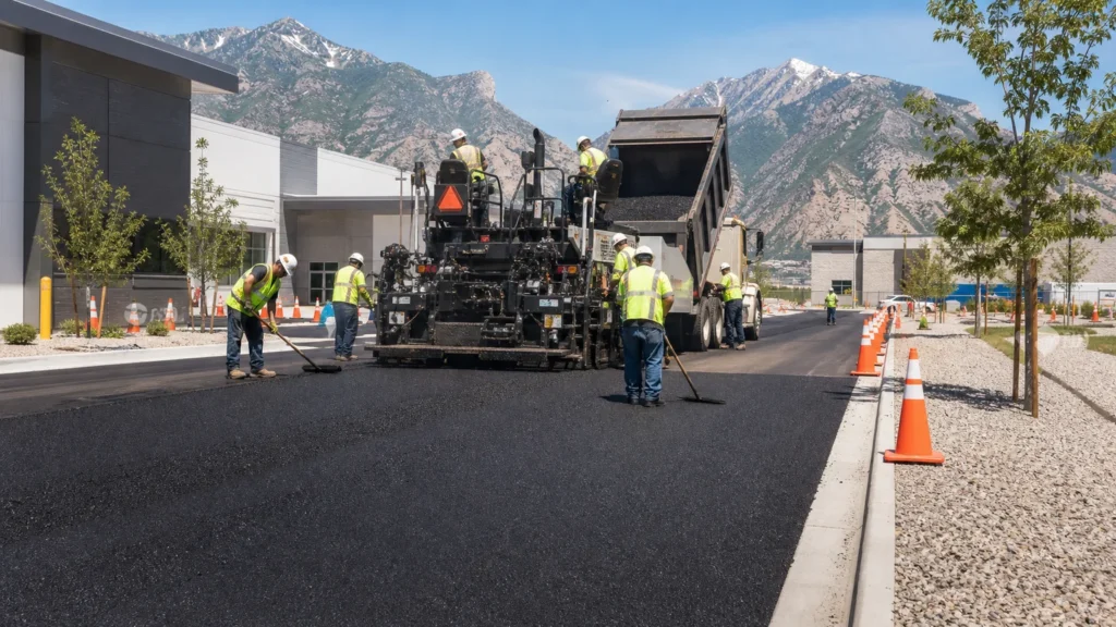 Asphalt Paving crew working in a controlled Pleasant Grove, Utah pavement area