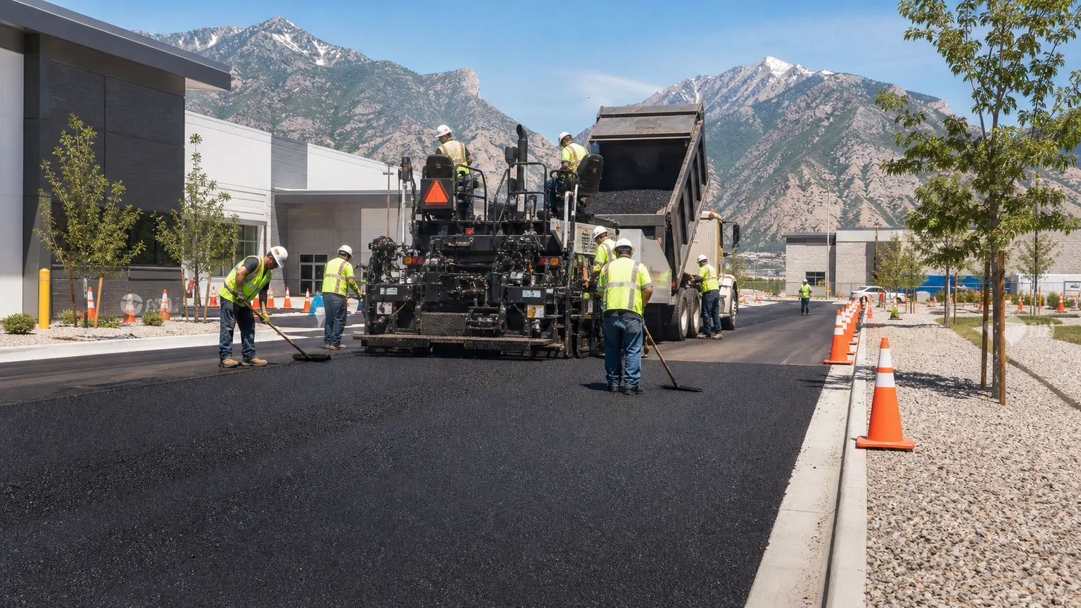 Asphalt Paving crew working in a controlled Pleasant Grove, Utah pavement area