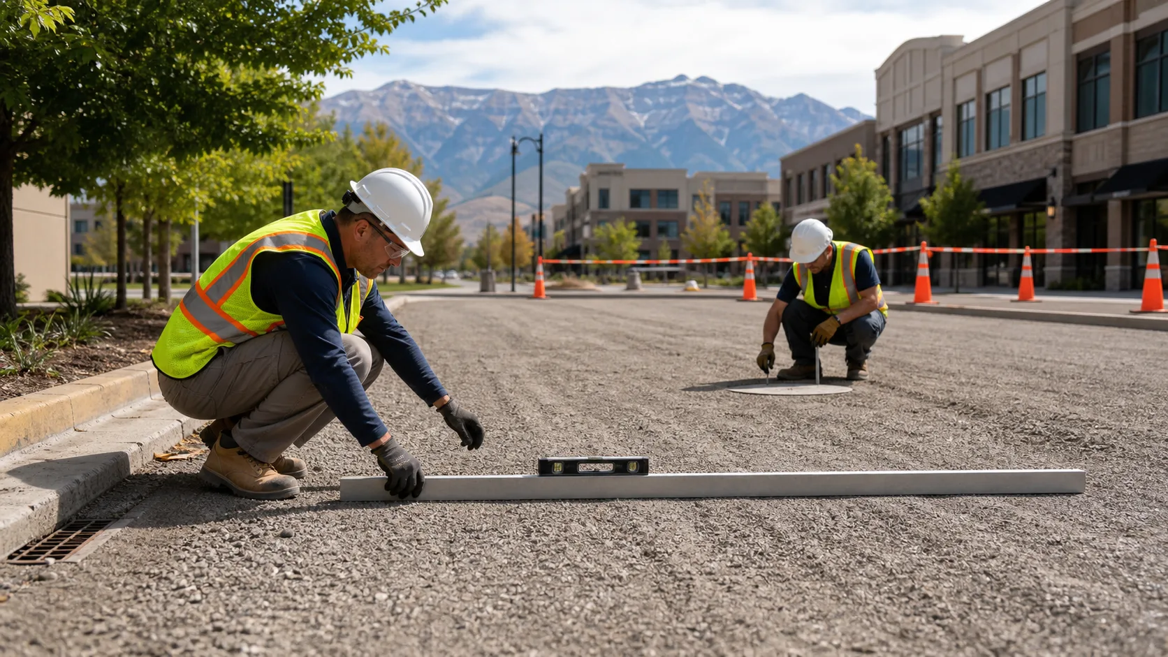Technician checking curb inlet grade beside compacted aggregate base in Provo Utah