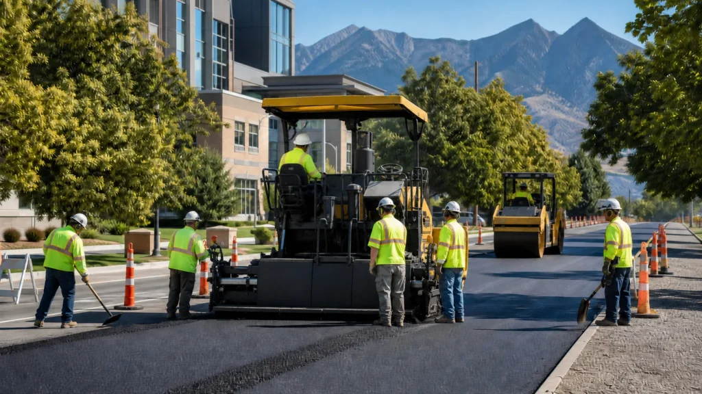 Crew placing and rolling asphalt in a phased Provo Utah urban commercial property