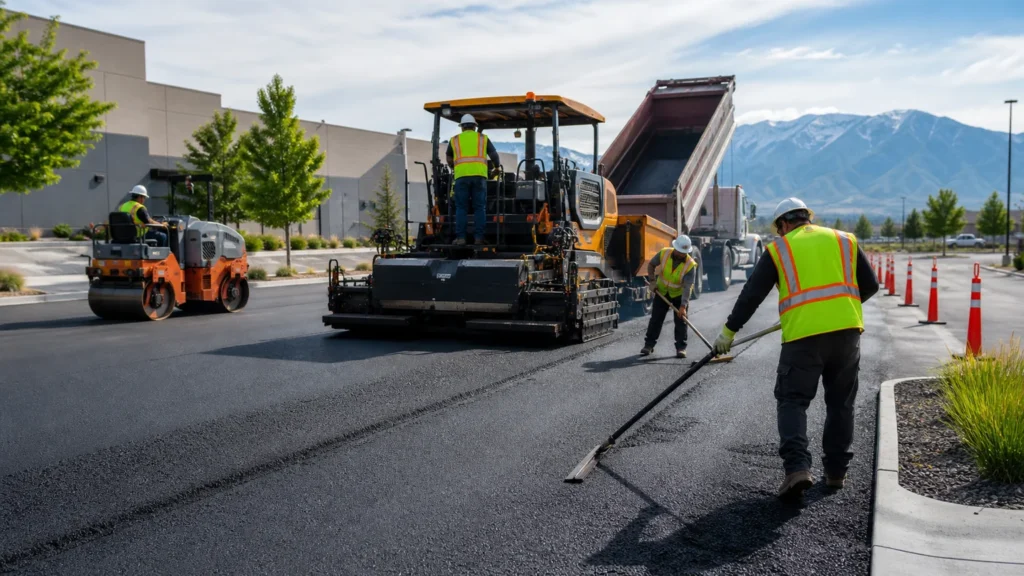 Asphalt Paving crew working in a controlled Riverton, Utah pavement area