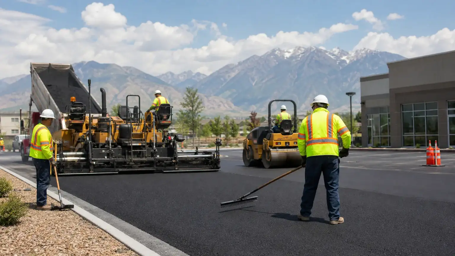 Asphalt Paving crew working in a controlled Salem, Utah pavement area