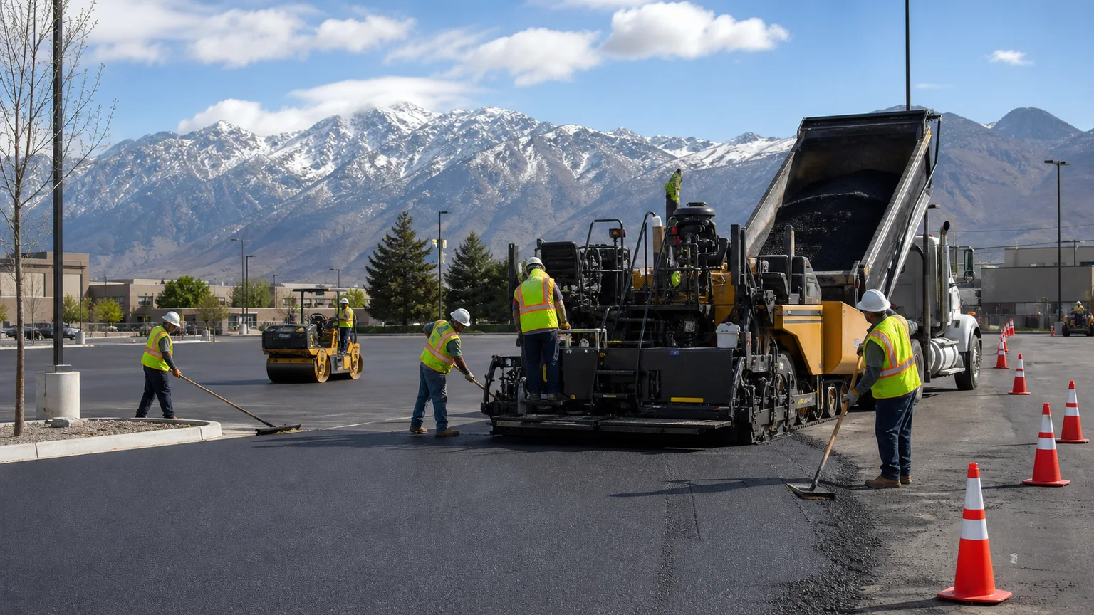Asphalt Paving crew working in a controlled Salt Lake City, Utah pavement area
