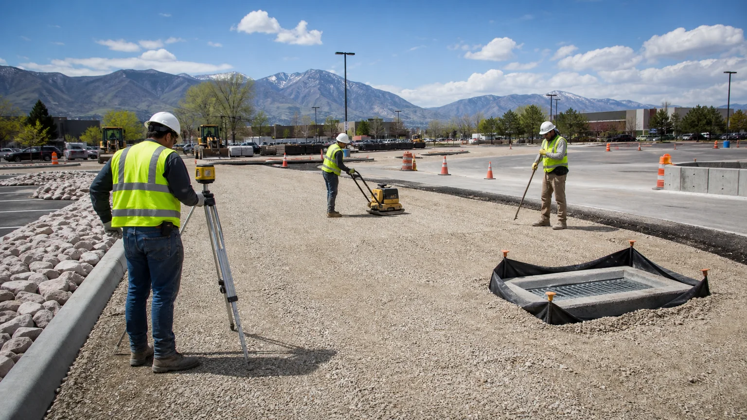 Technician checking curb inlet grade beside compacted aggregate base in Sandy Utah