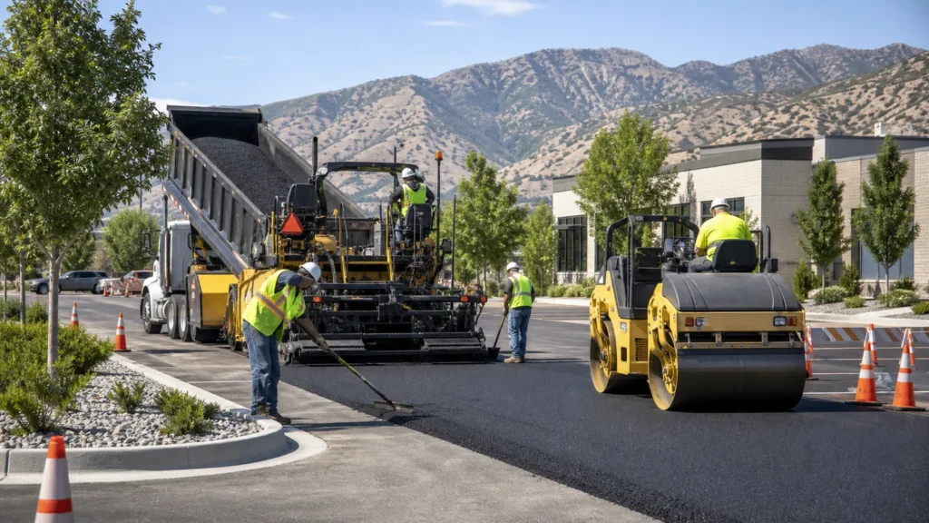 Crew placing and rolling fresh asphalt in a controlled Sandy Utah commercial lot