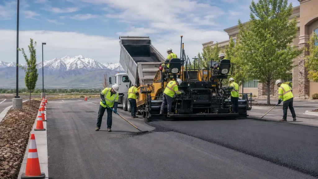Asphalt Paving crew working in a controlled Santaquin, Utah pavement area