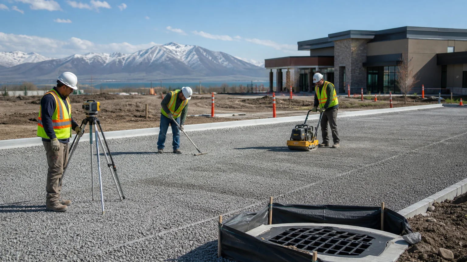 Technician checking curb inlet grade beside compacted aggregate base in Saratoga Springs Utah