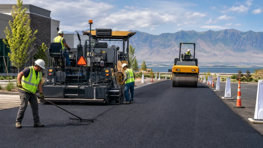 Crew placing and rolling fresh asphalt in a controlled Saratoga Springs Utah parking lot