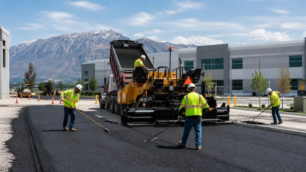 Asphalt Paving crew working in a controlled South Jordan, Utah pavement area