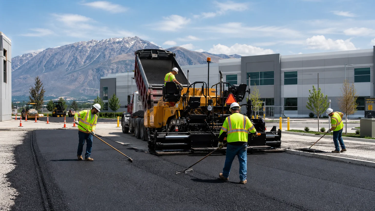 Asphalt Paving crew working in a controlled South Jordan, Utah pavement area