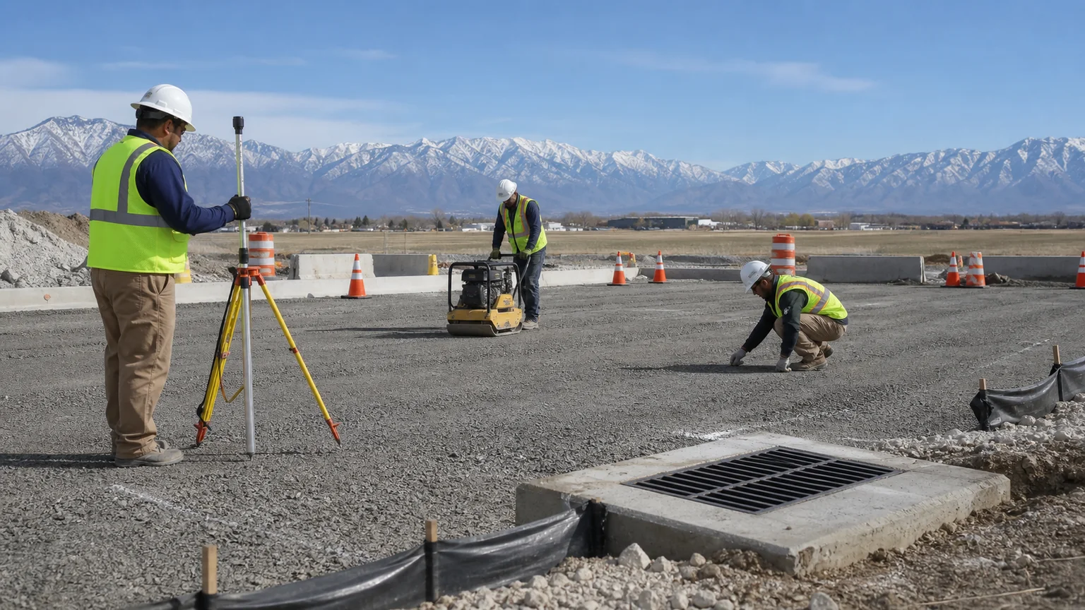 Technician checking curb inlet grade beside compacted aggregate base in Spanish Fork Utah