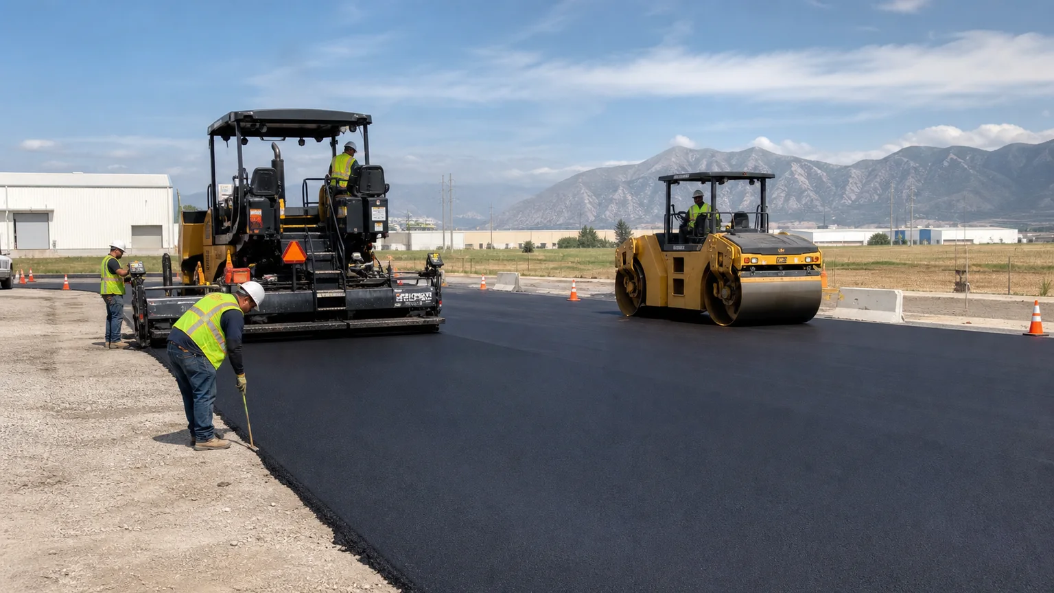 Crew placing and rolling asphalt in a phased Spanish Fork Utah urban commercial property