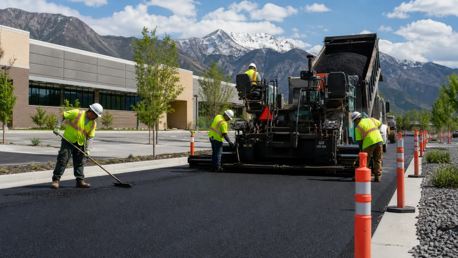 Asphalt Paving crew working in a controlled Springville, Utah pavement area