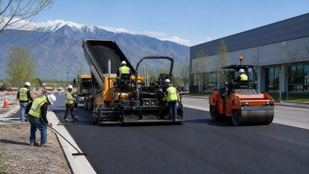 Asphalt Paving crew working in a controlled West Jordan, Utah pavement area