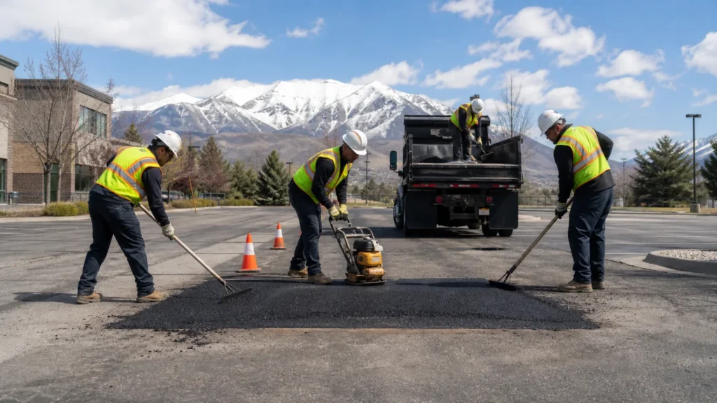 Asphalt Repair crew working in a controlled Alpine, Utah pavement area