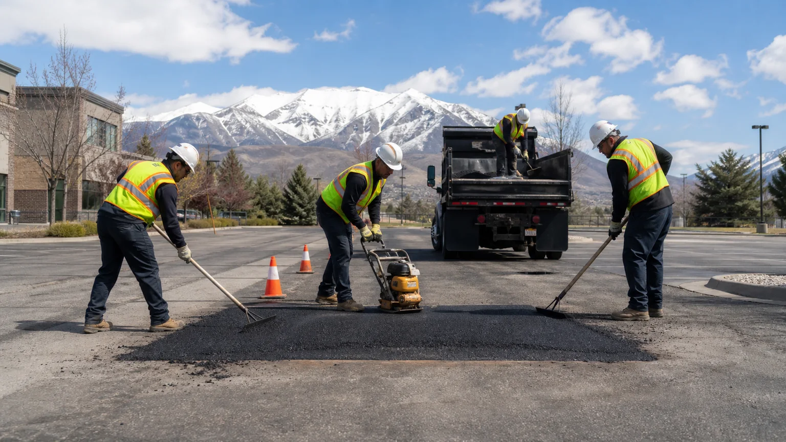 Asphalt Repair crew working in a controlled Alpine, Utah pavement area