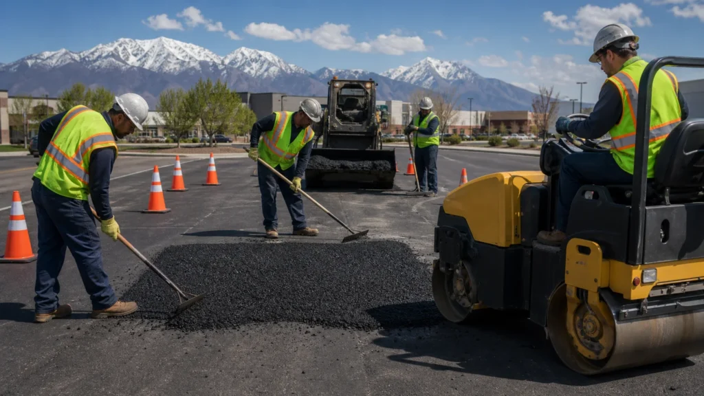 Asphalt Repair crew working in a controlled American Fork, Utah pavement area