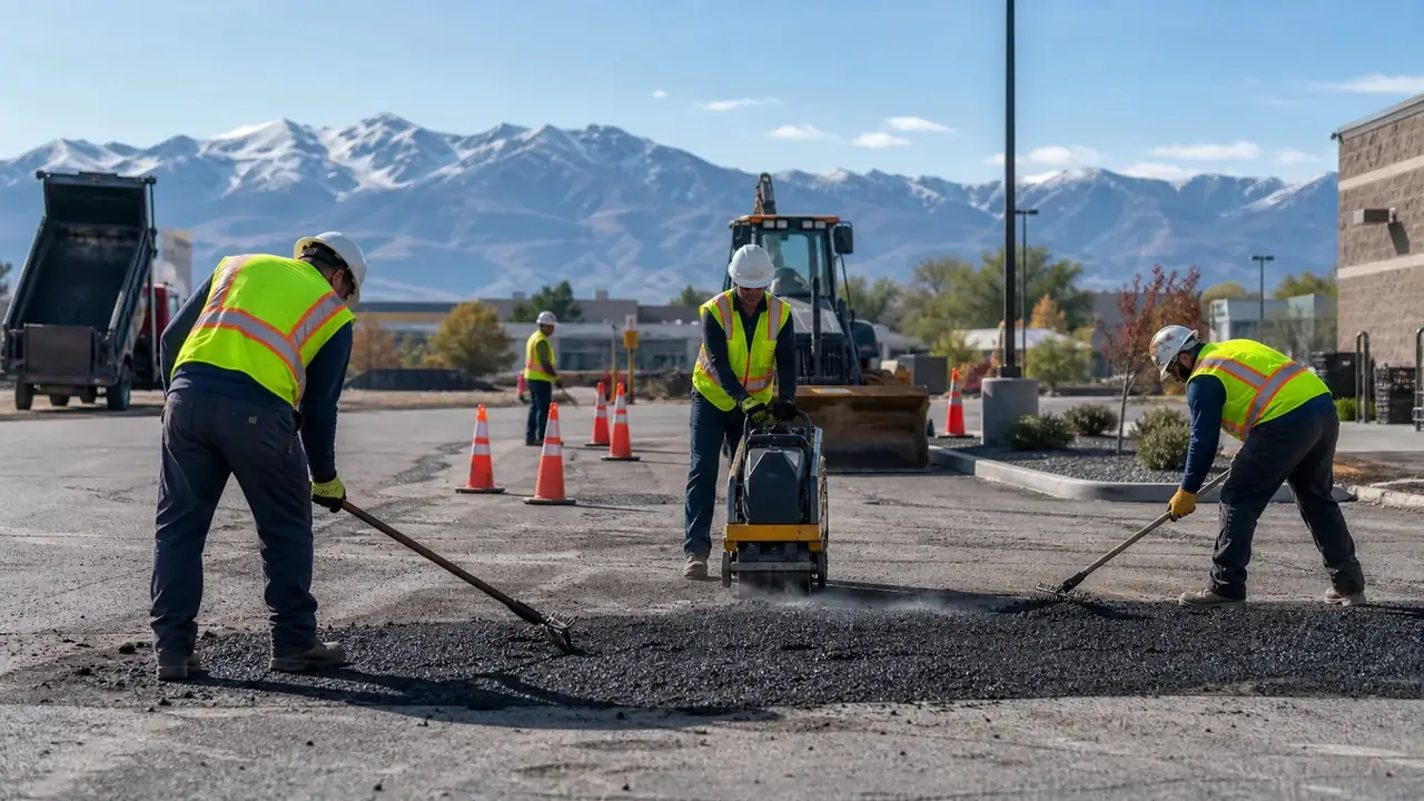 Asphalt Repair crew working in a controlled Cedar Fort, Utah pavement area