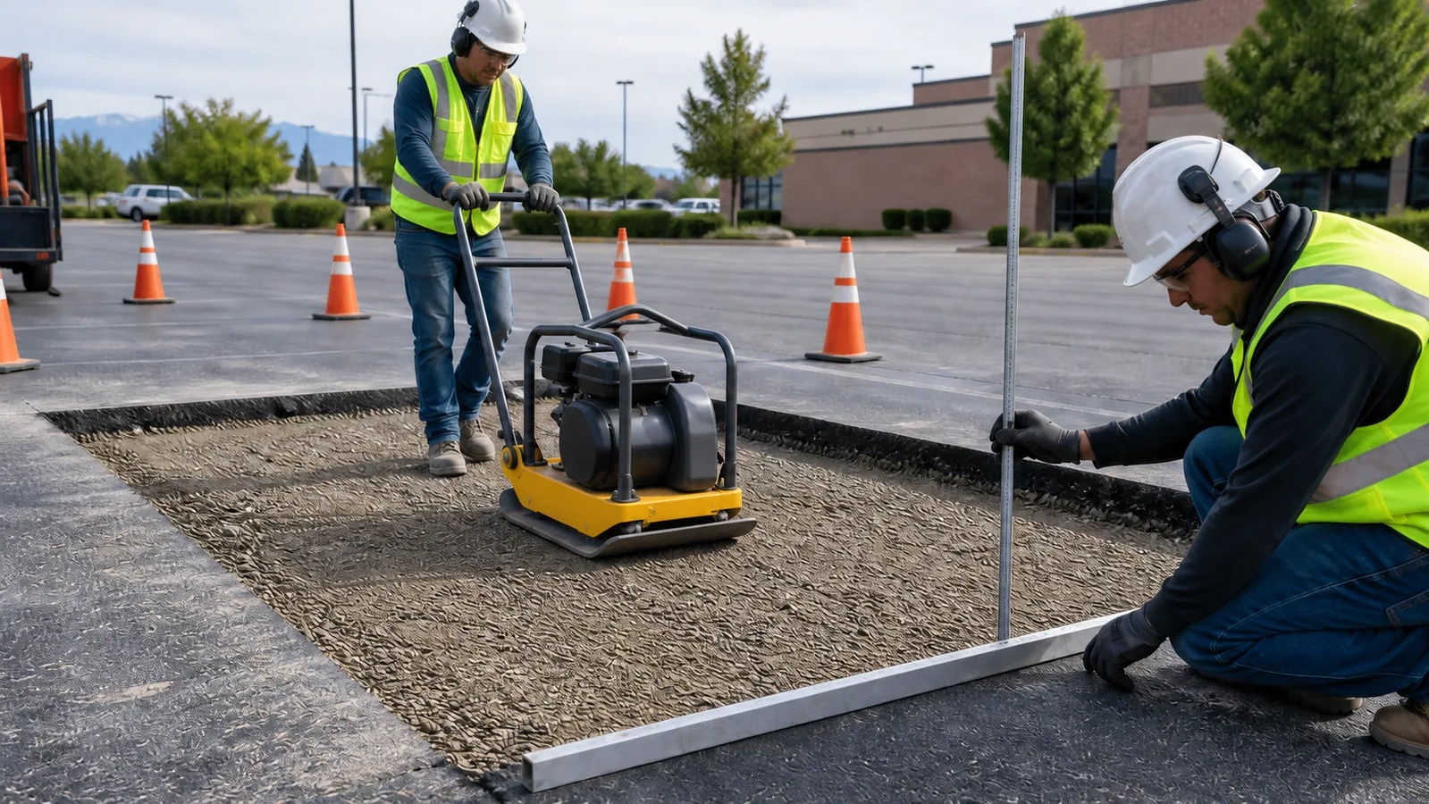 Crew compacting aggregate base for an asphalt repair in Draper, Utah