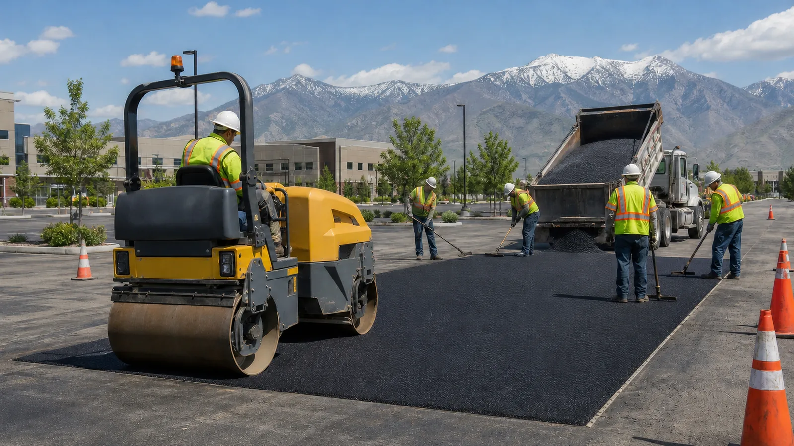 Asphalt repair crew placing a full-depth patch in Draper, Utah