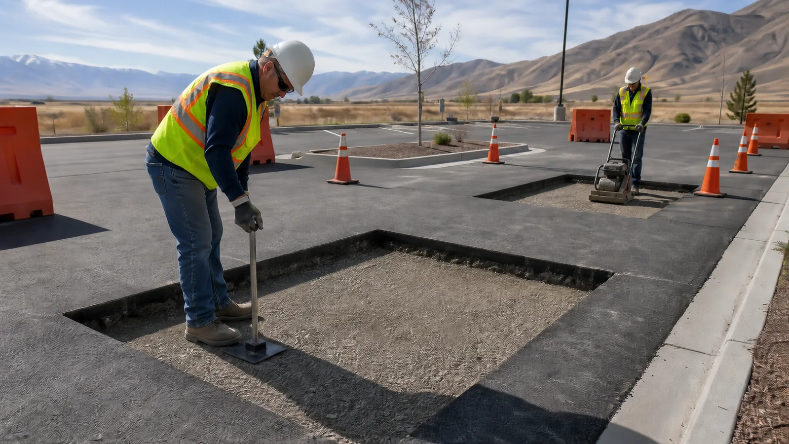 Crew compacting aggregate base inside asphalt repairs in Eagle Mountain, Utah