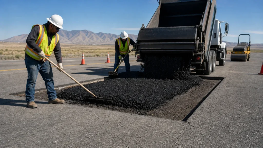 Crew placing hot mix in a full-depth asphalt repair in Eagle Mountain, Utah